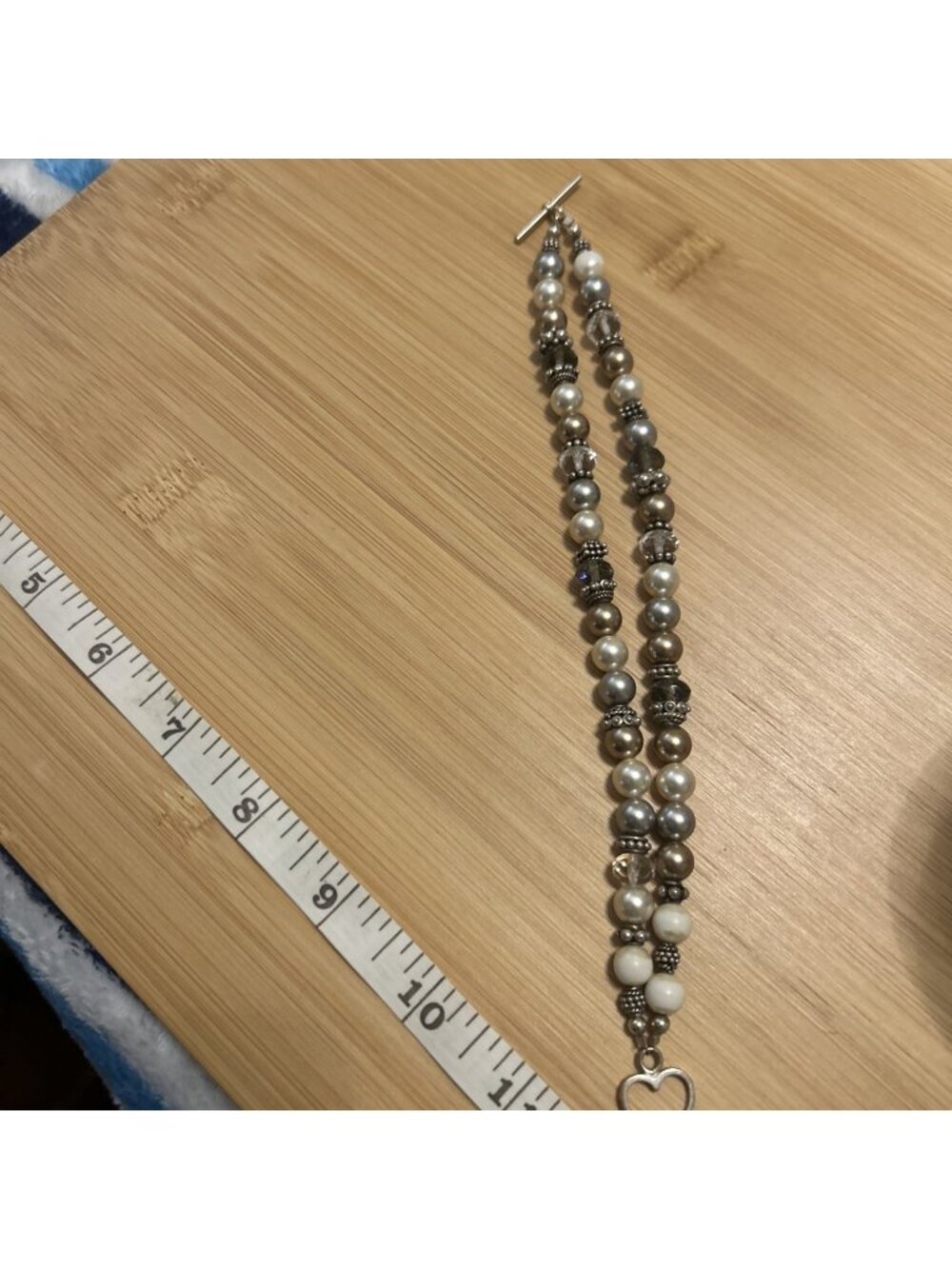 Vintage Faux Pearl Beaded Drop Necklace Silver Tone Scroll Heart Toggle Handmade